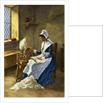 Woman Reading While Spinning at Wheel by Anonymous
