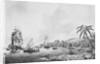 Illustration of Natives and Boats Along Shore in New Zealand by Anonymous