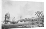 Illustration of Natives and Boats Along Shore in New Zealand by Anonymous