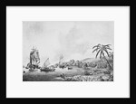 Illustration of Natives and Boats Along Shore in New Zealand by Anonymous
