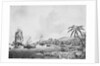 Illustration of Natives and Boats Along Shore in New Zealand by Anonymous