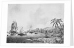 Illustration of Natives and Boats Along Shore in New Zealand by Anonymous