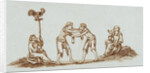 Sepia Engraving of 14th Century Scene with Wrestlers by Anonymous