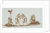 Sepia Engraving of 14th Century Scene with Wrestlers by Anonymous