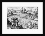 Two Mermaids With Men on an Island by Theodor de Bry From America by Anonymous