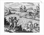 Two Mermaids With Men on an Island by Theodor de Bry From America by Anonymous