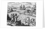 Two Mermaids With Men on an Island by Theodor de Bry From America by Anonymous