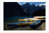 Canoes at Moraine Lake in Banff by Anonymous