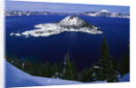 Snow Covered Wizard Island on Crater Lake by Anonymous