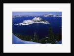 Snow Covered Wizard Island on Crater Lake by Anonymous