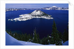 Snow Covered Wizard Island on Crater Lake by Anonymous