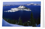 Snow Covered Wizard Island on Crater Lake by Anonymous