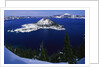 Snow Covered Wizard Island on Crater Lake by Anonymous