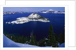 Snow Covered Wizard Island on Crater Lake by Anonymous