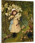 Portrait of Effie Holding a Lily and a Posy of Roses in a Garden by Marie Spartali Stillman