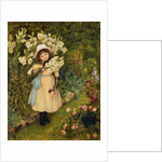 Portrait of Effie Holding a Lily and a Posy of Roses in a Garden by Marie Spartali Stillman