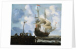 Peasants Skirmishing on a Jetty with a Man-Of-War Firing a Salute Offshore by Cornelis Pietersz de Mooy