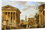 Capricci of Classical Ruins with the Arch of Septimus Severus, Trajan's Column and the Maison Carree, with Philosophers Discoursing and Figures Strolling by School of Giovanni Paolo Panini