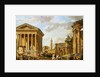 Capricci of Classical Ruins with the Arch of Septimus Severus, Trajan's Column and the Maison Carree, with Philosophers Discoursing and Figures Strolling by School of Giovanni Paolo Panini