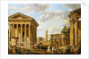 Capricci of Classical Ruins with the Arch of Septimus Severus, Trajan's Column and the Maison Carree, with Philosophers Discoursing and Figures Strolling by School of Giovanni Paolo Panini