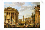 Capricci of Classical Ruins with the Arch of Septimus Severus, Trajan's Column and the Maison Carree, with Philosophers Discoursing and Figures Strolling by School of Giovanni Paolo Panini