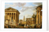 Capricci of Classical Ruins with the Arch of Septimus Severus, Trajan's Column and the Maison Carree, with Philosophers Discoursing and Figures Strolling by School of Giovanni Paolo Panini