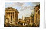 Capricci of Classical Ruins with the Arch of Septimus Severus, Trajan's Column and the Maison Carree, with Philosophers Discoursing and Figures Strolling by School of Giovanni Paolo Panini
