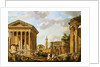 Capricci of Classical Ruins with the Arch of Septimus Severus, Trajan's Column and the Maison Carree, with Philosophers Discoursing and Figures Strolling by School of Giovanni Paolo Panini