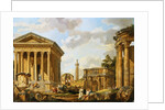 Capricci of Classical Ruins with the Arch of Septimus Severus, Trajan's Column and the Maison Carree, with Philosophers Discoursing and Figures Strolling by School of Giovanni Paolo Panini