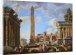 Capricci of Classical Ruins with the Colosseum and the Maison Carree, with Philosophers Discoursing and Figures Strolling by School of Giovanni Paolo Panini