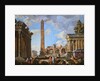 Capricci of Classical Ruins with the Colosseum and the Maison Carree, with Philosophers Discoursing and Figures Strolling by School of Giovanni Paolo Panini