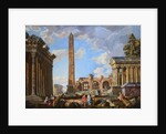 Capricci of Classical Ruins with the Colosseum and the Maison Carree, with Philosophers Discoursing and Figures Strolling by School of Giovanni Paolo Panini