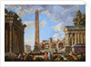 Capricci of Classical Ruins with the Colosseum and the Maison Carree, with Philosophers Discoursing and Figures Strolling by School of Giovanni Paolo Panini