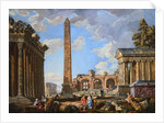Capricci of Classical Ruins with the Colosseum and the Maison Carree, with Philosophers Discoursing and Figures Strolling by School of Giovanni Paolo Panini