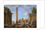 Capricci of Classical Ruins with the Colosseum and the Maison Carree, with Philosophers Discoursing and Figures Strolling by School of Giovanni Paolo Panini