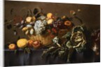 Grapes, Plums and Other Fruits and Nuts in a Wicker Basket with Vegetables on a Draped Table by Adriaen van Utrecht