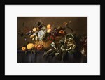 Grapes, Plums and Other Fruits and Nuts in a Wicker Basket with Vegetables on a Draped Table by Adriaen van Utrecht