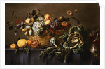 Grapes, Plums and Other Fruits and Nuts in a Wicker Basket with Vegetables on a Draped Table by Adriaen van Utrecht