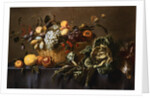 Grapes, Plums and Other Fruits and Nuts in a Wicker Basket with Vegetables on a Draped Table by Adriaen van Utrecht