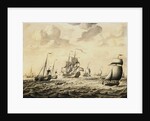 A Dutch Man-of-War Firing a Salute, with a Flotilla of Fishing Boats and Other Shipping Beyond - a Penschilderij by Abraham van Salm