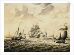 A Dutch Man-of-War Firing a Salute, with a Flotilla of Fishing Boats and Other Shipping Beyond - a Penschilderij by Abraham van Salm