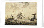 A Dutch Man-of-War Firing a Salute, with a Flotilla of Fishing Boats and Other Shipping Beyond - a Penschilderij by Abraham van Salm