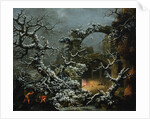 A Snowy Winter Landscape with Woodcutters and Figures Before a Bonfire in a Gothic Ruin by Jules Cesar Denis van Loo