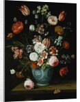 Flowers in a Chinese Transitional Blue and White Jardiniere, with Moths and Other Insects on a Ledge by Jan van Kessel