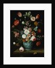 Flowers in a Chinese Transitional Blue and White Jardiniere, with Moths and Other Insects on a Ledge by Jan van Kessel