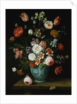 Flowers in a Chinese Transitional Blue and White Jardiniere, with Moths and Other Insects on a Ledge by Jan van Kessel