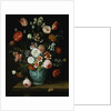 Flowers in a Chinese Transitional Blue and White Jardiniere, with Moths and Other Insects on a Ledge by Jan van Kessel