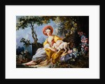 A Young Woman Seated with a Dog and a Watering Can in a Garden by Jean-Honore Fragonard