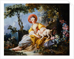 A Young Woman Seated with a Dog and a Watering Can in a Garden by Jean-Honore Fragonard
