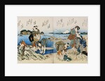 Kakuban Surimono Diptych Women and Boys Gathering Clams on the Seashore Near Enoshima by Katsushika Taito II